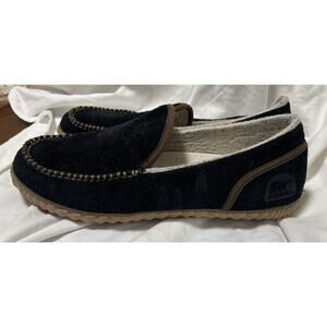 SOREL Slipper Mens 12 Black Brown Dude Faux Suede Faux Fur House Shoes Moccasin